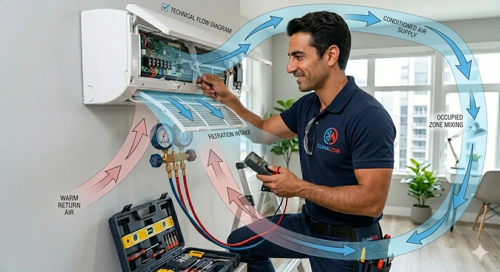 Técnico de Climacor realizando diagnóstico de flujo de aire en mantenimiento de split