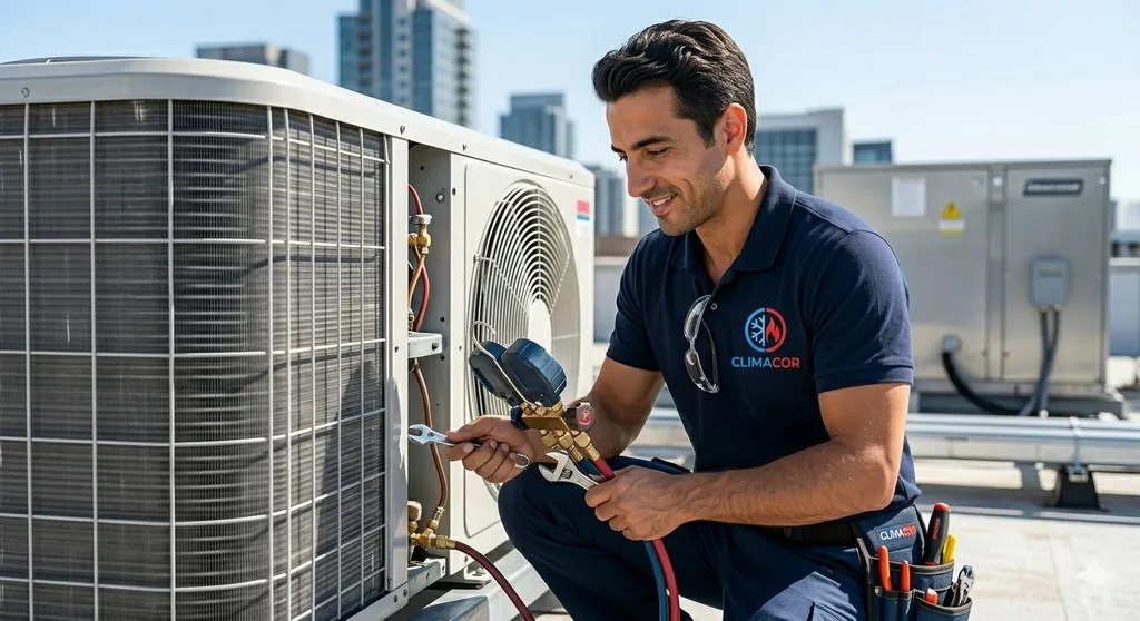 Técnico de Climacor reparando unidad exterior de aire acondicionado en azotea de Córdoba