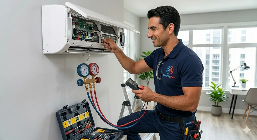 Técnico de Climacor midiendo presión de gas refrigerante en split de aire acondicionado